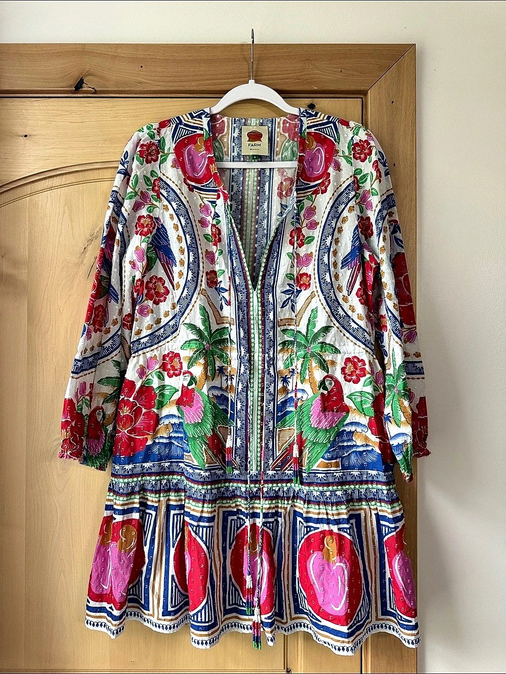 Farm Rio Palm Tree Beach Mini Dress Floral Multicolor & Red Small